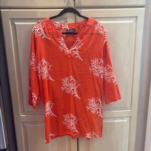 Kikisol Women's Coral Print Tunic - Orange Lightweight Cruise Ware Nautical L
